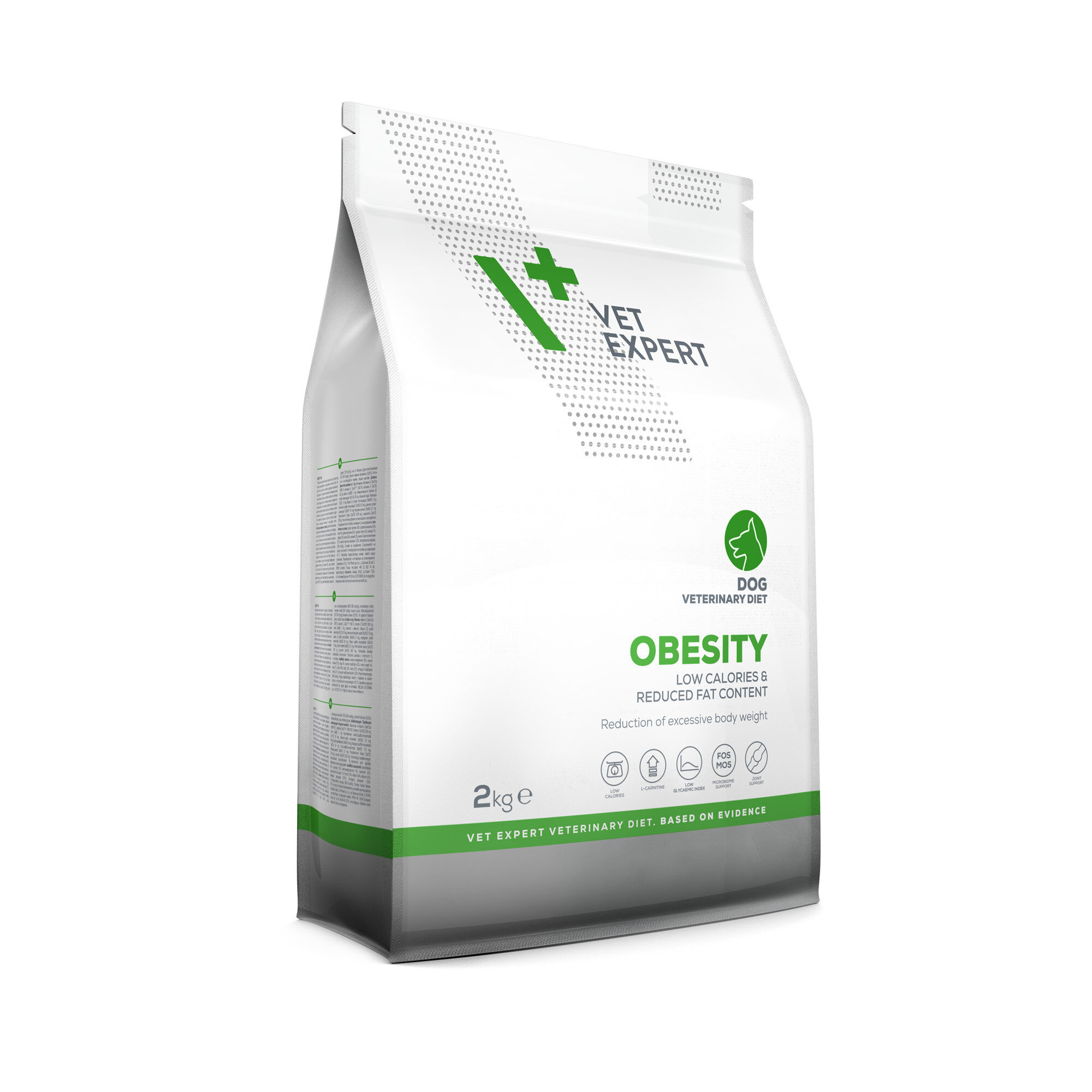 Opakowanie suchej karmy weterynaryjnej dla psów marki Vet Expert o nazwie \'Obesity\', o wadze 2 kg. Na opakowaniu widnieje napis \'LOW CALORIES & REDUCED FAT CONTENT\'.