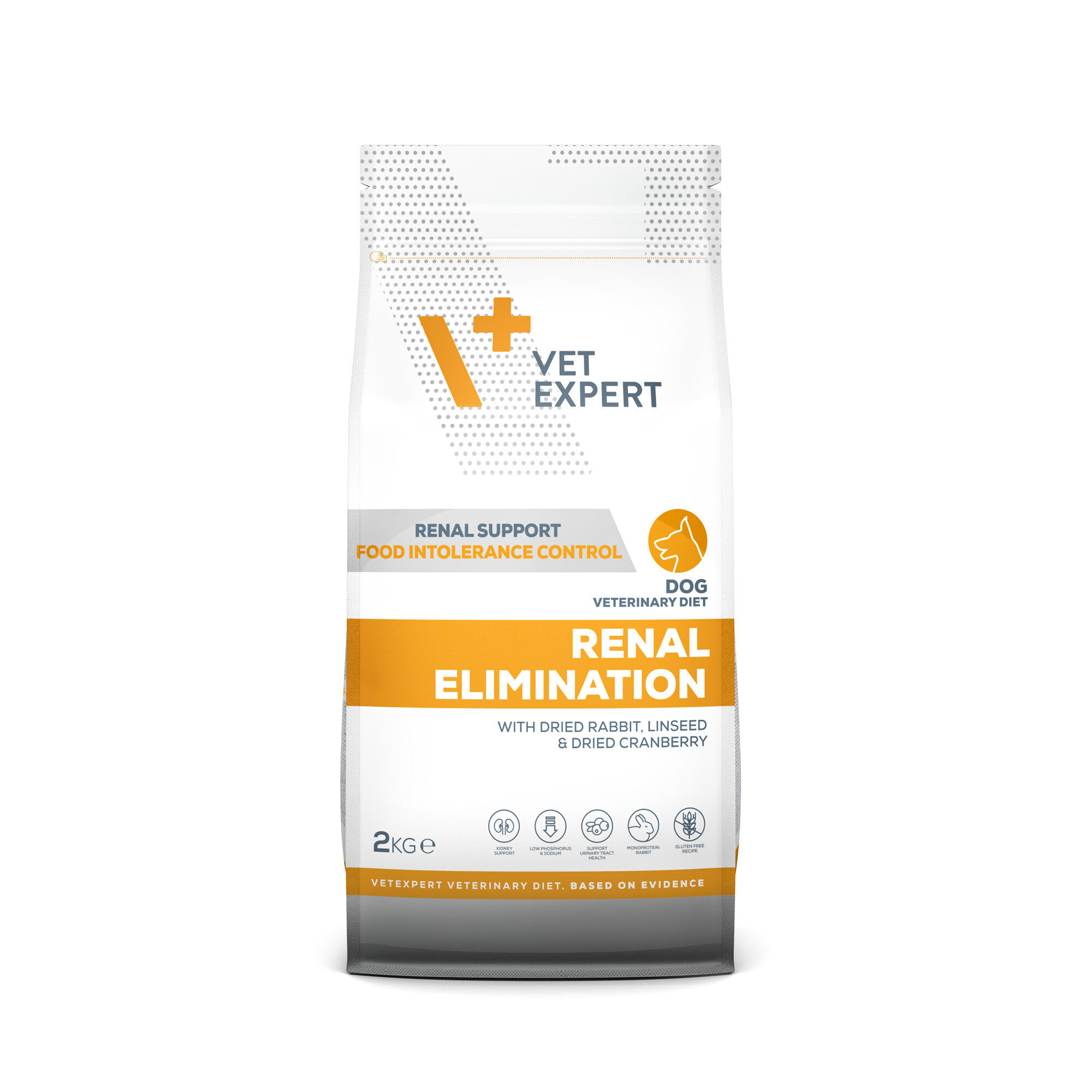 Opakowanie produktu Vet Expert Renal Elimination Dog o wadze 2 kg, przeznaczonego dla psów z niewydolnością nerek. Na opakowaniu widnieje napis: \'RENAL SUPPORT FOOD INTOLERANCE CONTROL\' oraz \'RENAL ELIMINATION WITH DRIED RABBIT, LINSEED & DRIED CRANBERRY\'.