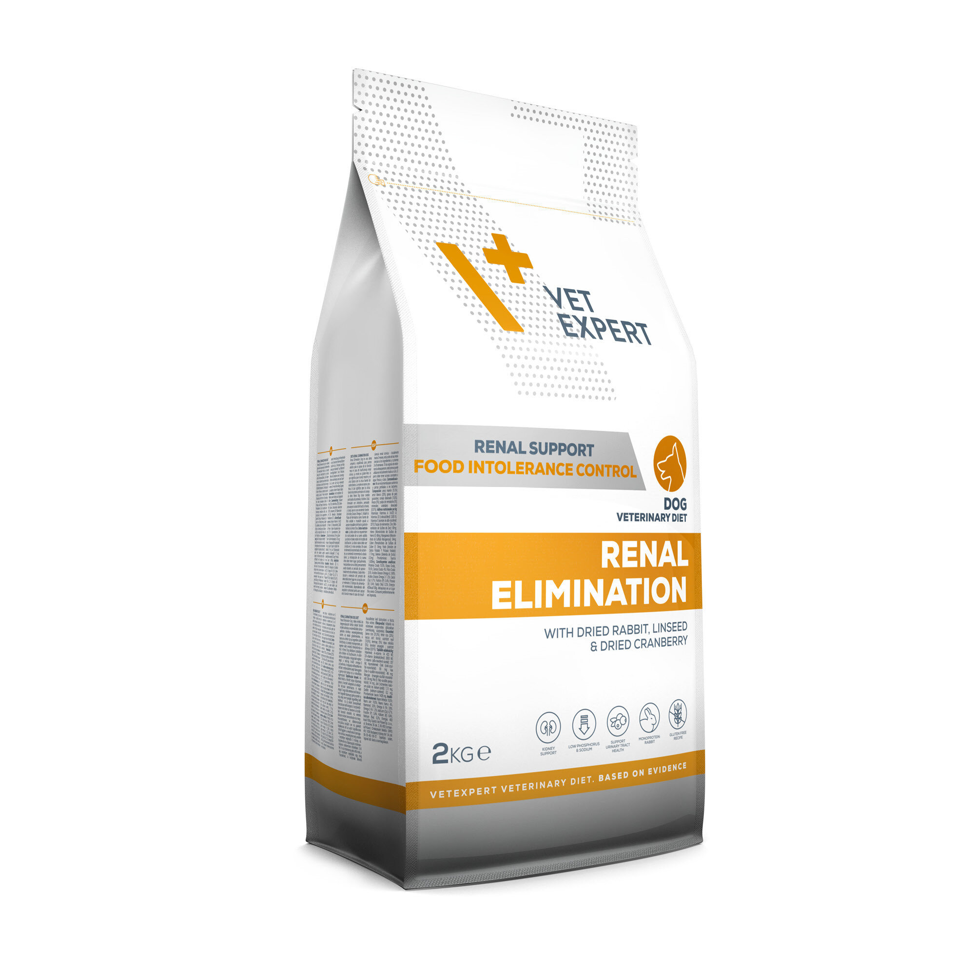 Opakowanie produktu Vet Expert Renal Elimination Dog o pojemności 2 kg, przeznaczonego dla psów z niewydolnością nerek. Na opakowaniu widnieje napis \'RENAL SUPPORT FOOD INTOLERANCE CONTROL\' oraz \'RENAL ELIMINATION\'.