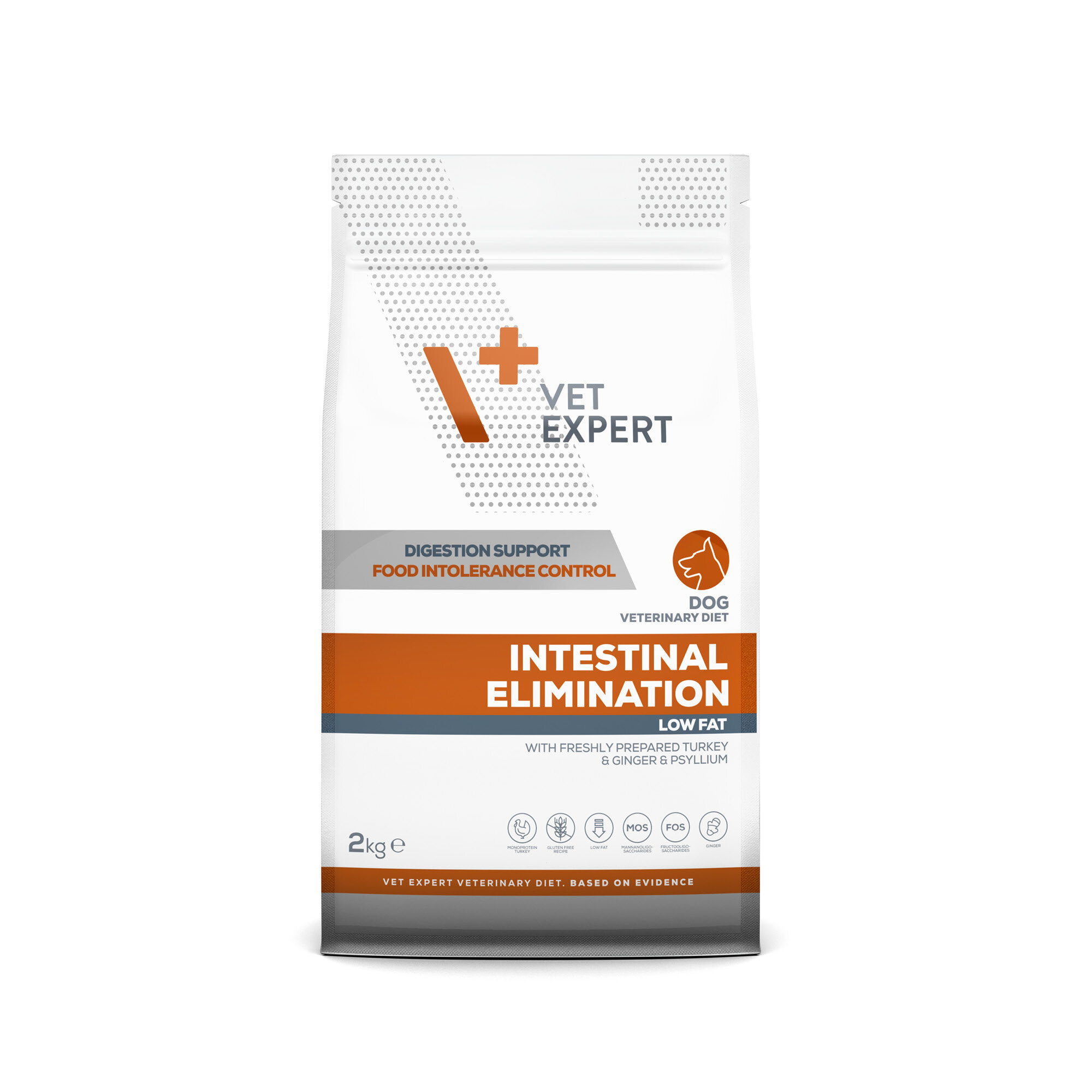 Opakowanie suchej karmy weterynaryjnej dla psów o nazwie \'Vet Expert Intestinal Elimination\'. Na opakowaniu widnieje napis \'DIGESTION SUPPORT FOOD INTOLERANCE CONTROL\' oraz \'LOW FAT\', a waga produktu to 2 kg.