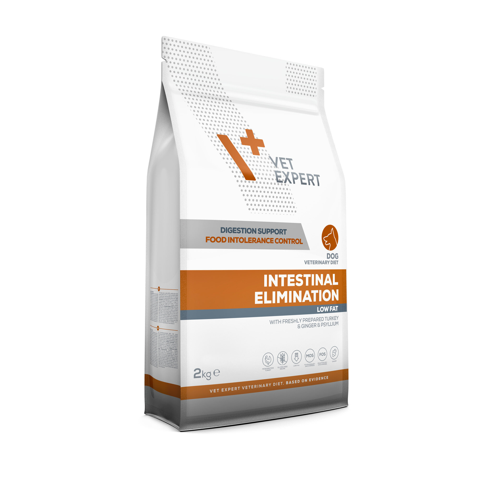 Opakowanie suchej karmy weterynaryjnej dla psów marki Vet Expert o nazwie \'Intestinal Elimination\'. Na opakowaniu widnieje napis \'DIGESTION SUPPORT FOOD INTOLERANCE CONTROL\' oraz \'LOW FAT\'.