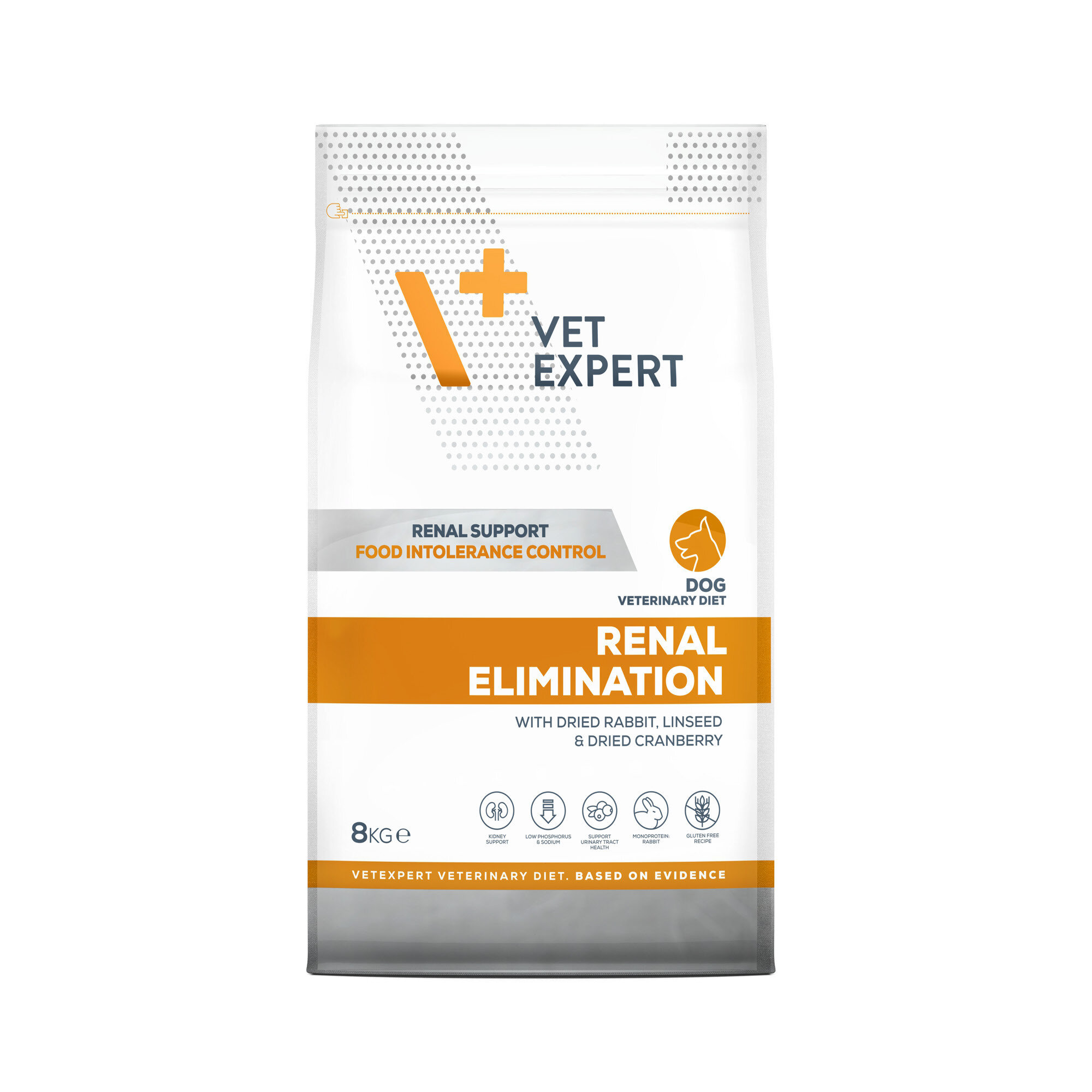 Opakowanie produktu Vet Expert Renal Elimination Dog o wadze 8 kg, przeznaczonego dla psów z niewydolnością nerek. Na opakowaniu widnieje napis \'RENAL SUPPORT FOOD INTOLERANCE CONTROL\' oraz \'WITH DRIED RABBIT, LINSEED & DRIED CRANBERRY\'.