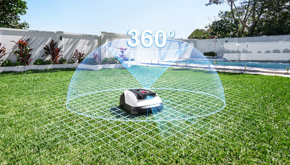 Robot koszący ECOVACS Goat O500 Panorama sterowanie Bluetooth-Wi-Fi robot na trawniku przezroczysta kopuła pokazująca zakres czujników nawigacji zaawansowany system LELS™ Panoramic Visual Navigation kamera 360° czujniki ToF LiDAR 3D precyzyjne określanie położenia robota w ogrodzie koszenie w skomplikowanych układach przestrzennych