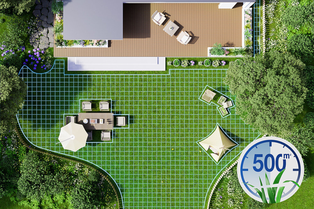 Robot koszący ECOVACS Goat O500 Panorama sterowanie Bluetooth-Wi-Fi widok na ogród z góry z widocznym zaznaczeniem mapowania równomierne koszenie trawnika tarcza z pływającym ostrzem regulacja wysokości w zakresie 30–80 mm szerokość koszenia 220 mm akumulator litowo-jonowy o pojemności 4 Ah i napięciu 20 V obszar koszenia do 500 m² czas pracy 65 minut czas ładowania 100 minut