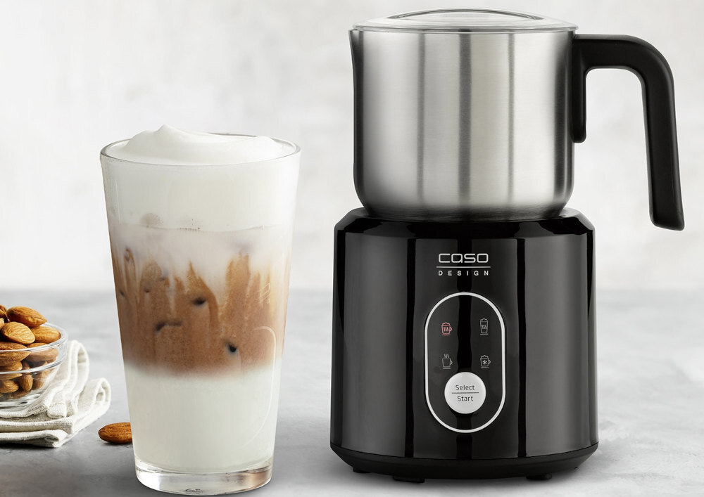 Spieniacz CASO Crema & Choco 1665 Czarny Kremowa konsystencja tworzy aksamitną piankę cappuccino, latte macchiato, gorącej czekolady czy kawy mrożonej jak z profesjonalnej kawiarni gorącą piankę do cappuccino i latte, zimną piankę do frappé i mrożonej kawy podgrzewanie mleka do gorącej czekolady