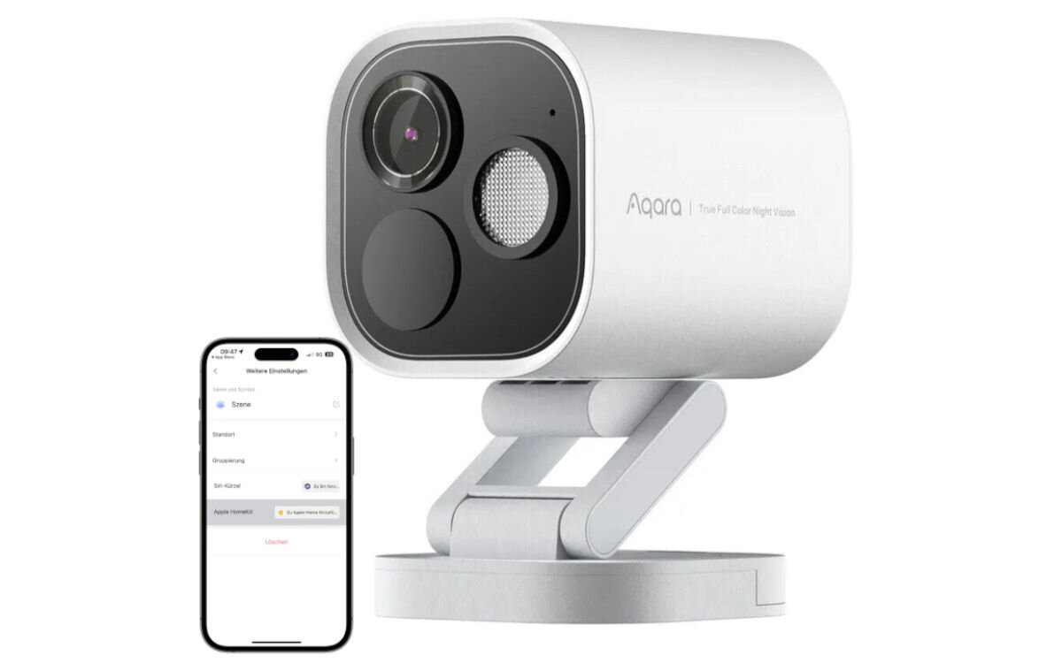 Kamera AQARA Camera Hub G5 Pro Zewnętrzna, Wi-Fi Biały, power over enthernet, RJ45, zakłocenia, Kamera stoi pionowo prawo skos, obok smartfon z aplikacją