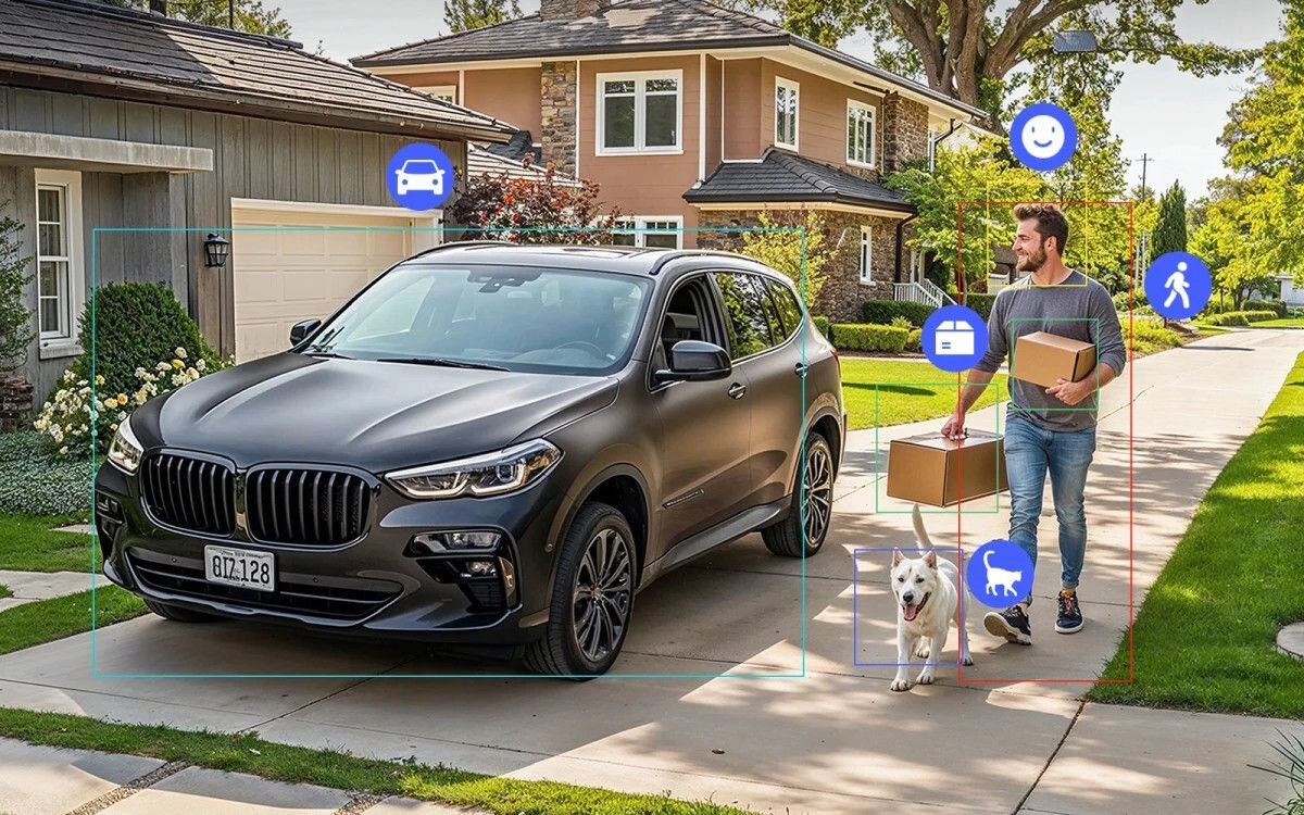 Kamera AQARA Camera Hub G5 Pro Zewnętrzna, Wi-Fi Szary, komunikacja, AI, smart home, aplikacje, Na zdjęciu auto oraz osoba wyprowadza psa w tle domy mieszkalne, oraz logotypy zalet akcesorium kamery