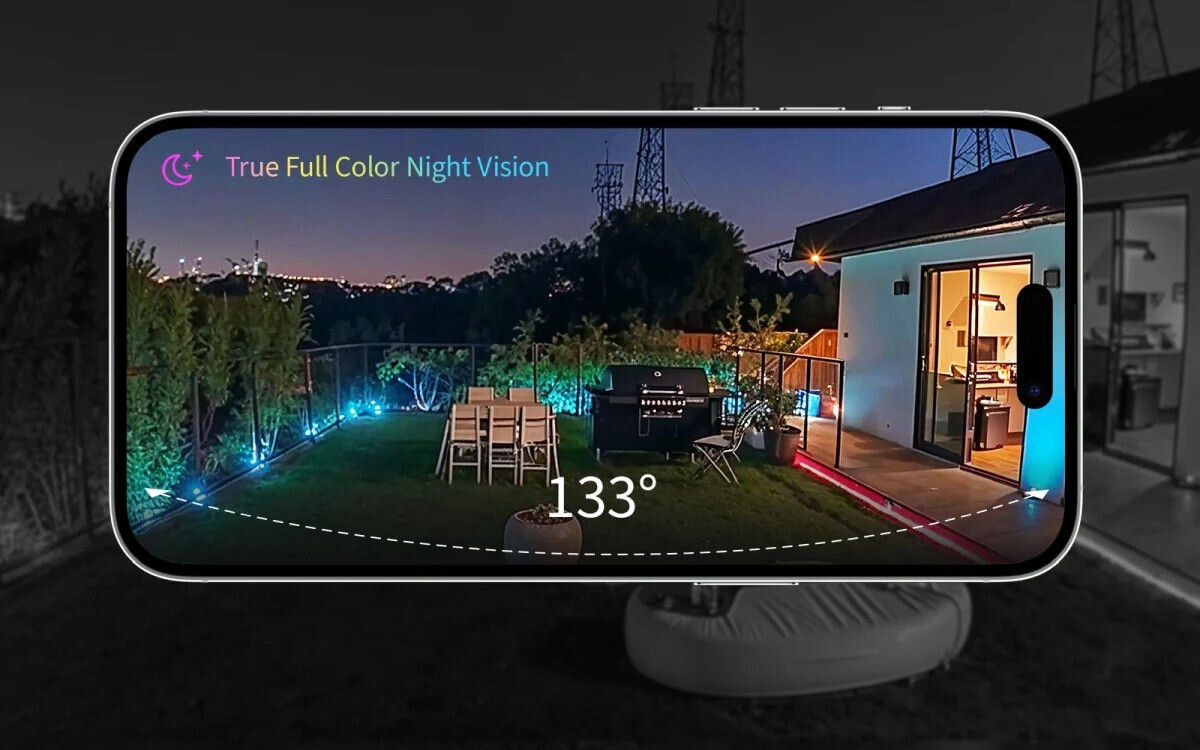 Kamera AQARA Camera Hub G5 Pro Zewnętrzna, Wi-Fi Szary, matryca, kamera, tryb nocny, zmrok, przysłona, wizualizacja kątu widzenia 133 stopni na smartfonie w tle ogród nocną porą