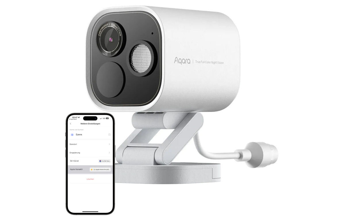 Kamera AQARA Camera Hub G5 Pro PoE Zewnętrzna, LAN Biała, power over enthernet, RJ45, zakłocenia, Kamera stoi pionowo prawo skos, obok smartfon z aplikacją