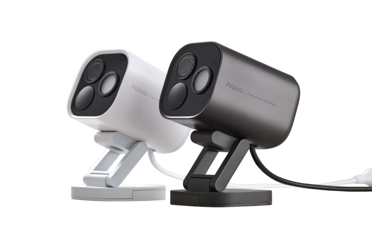 Kamera AQARA Camera Hub G5 Pro PoE Zewnętrzna, LAN Szary, syrena, AI, aplikacje, ochrona, 2 kamery stoją pionowo prawo skos frontem na białym tle