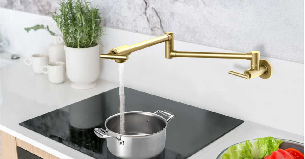 BATERIA BERG POT FILLER 830135BG JASNY ZŁOTY wygląd kolor jasny złoty montaż naścienny kuchnia ściana Funkcjonalność wygoda design