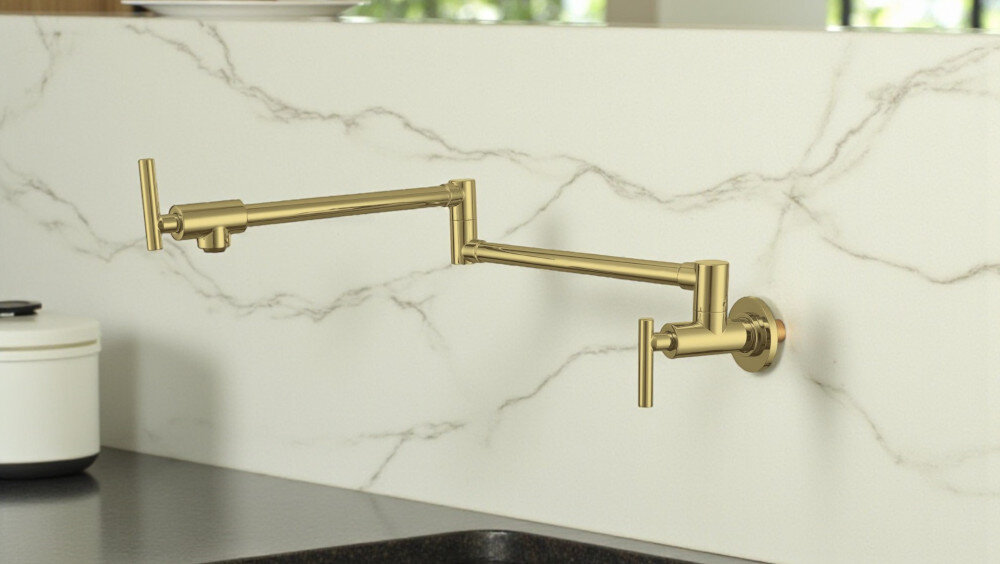 BATERIA BERG POT FILLER 830135BG JASNY ZŁOTY montaż naścienny kolor złoty łatwe napełnianie naczyń długie ramie zasięg precyzyjne sterowanie strumieniem podwójna głowica