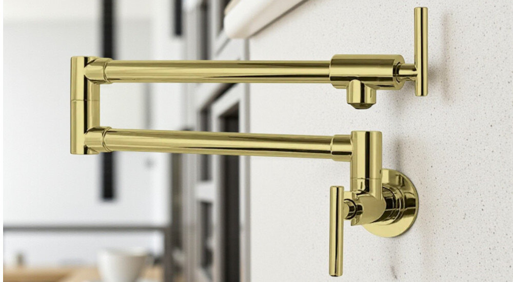 BATERIA BERG POT FILLER 830135BG JASNY ZŁOTY montaż naścienny widok całej baterii złożonej Solidne wykonanie stal szlachetna trwałość odporność na korozję elegancja styl wygląd