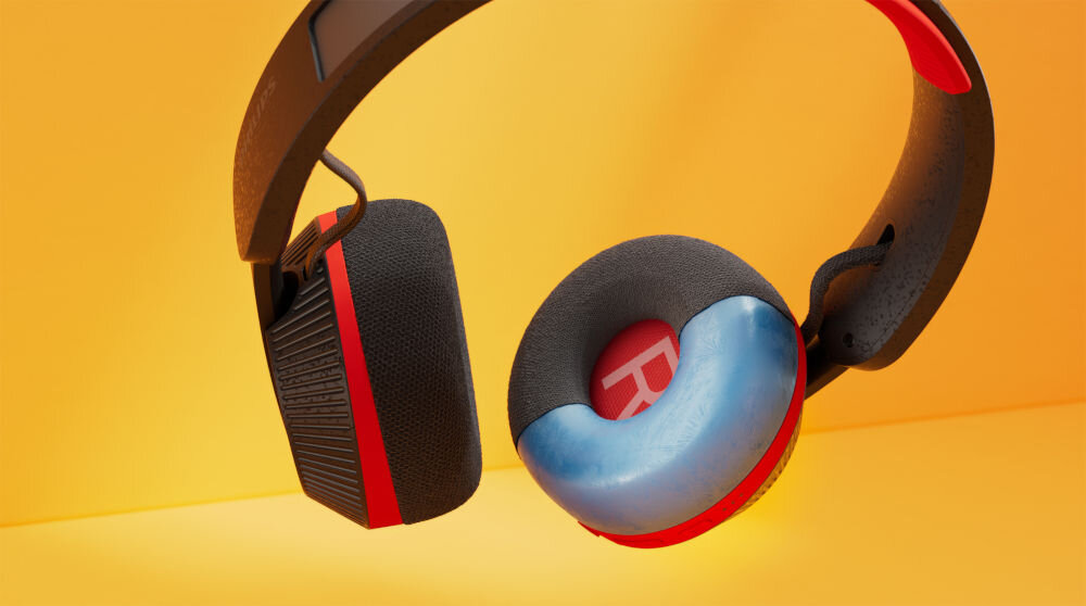 Słuchawki PHILIPS TAA6219BK/00 wygodne dopasowanie komfort żel chłodzący, słuchawki nauszne na żółtym tle, przekrój nausznika wypełnionego chłodzącym żelem