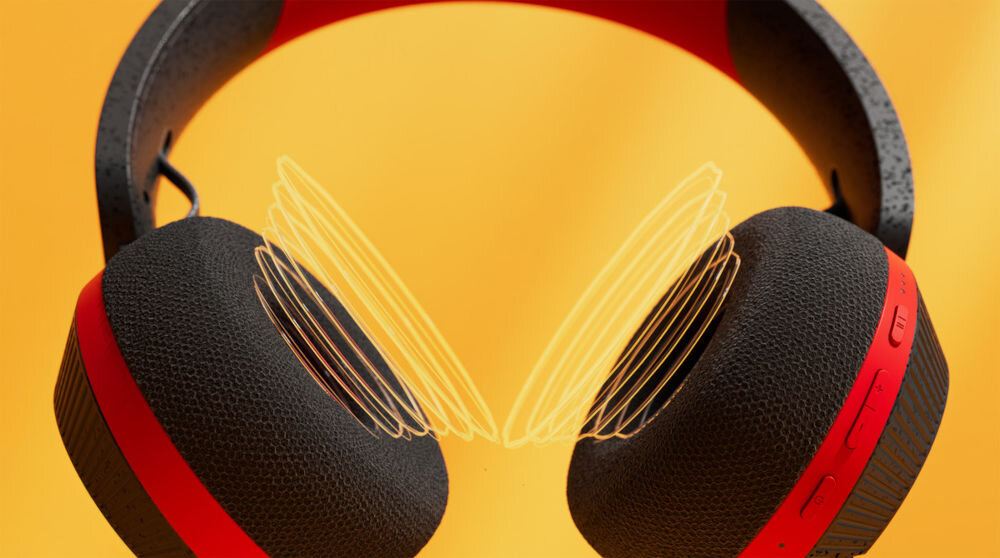 Słuchawki PHILIPS TAA6219BK/00 ciepły naturalny dźwięk basy, dźwięk wydobywający się z nauszników słuchawek na żółtym tle