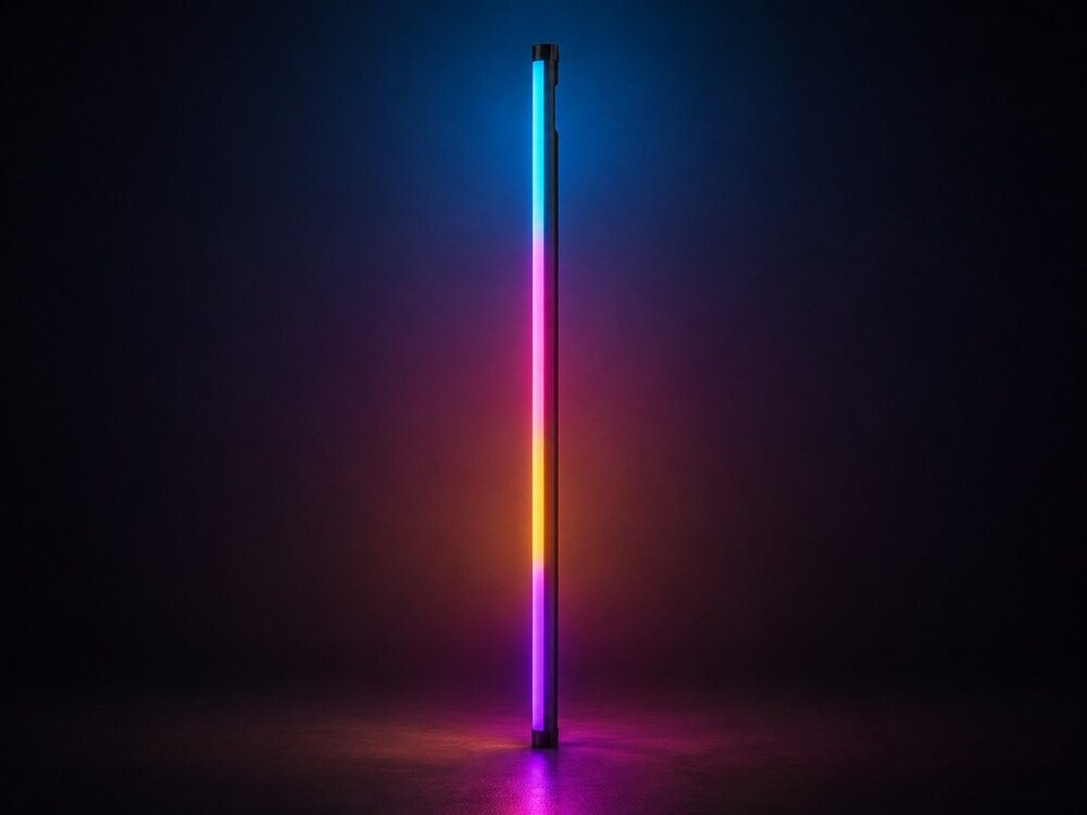 Na obrazie widoczna jest pionowa lampa LED emitująca wielokolorowe światło, w tym niebieskie, różowe i pomarańczowe. Tło jest ciemne, co podkreśla intensywność kolorów lampy.
