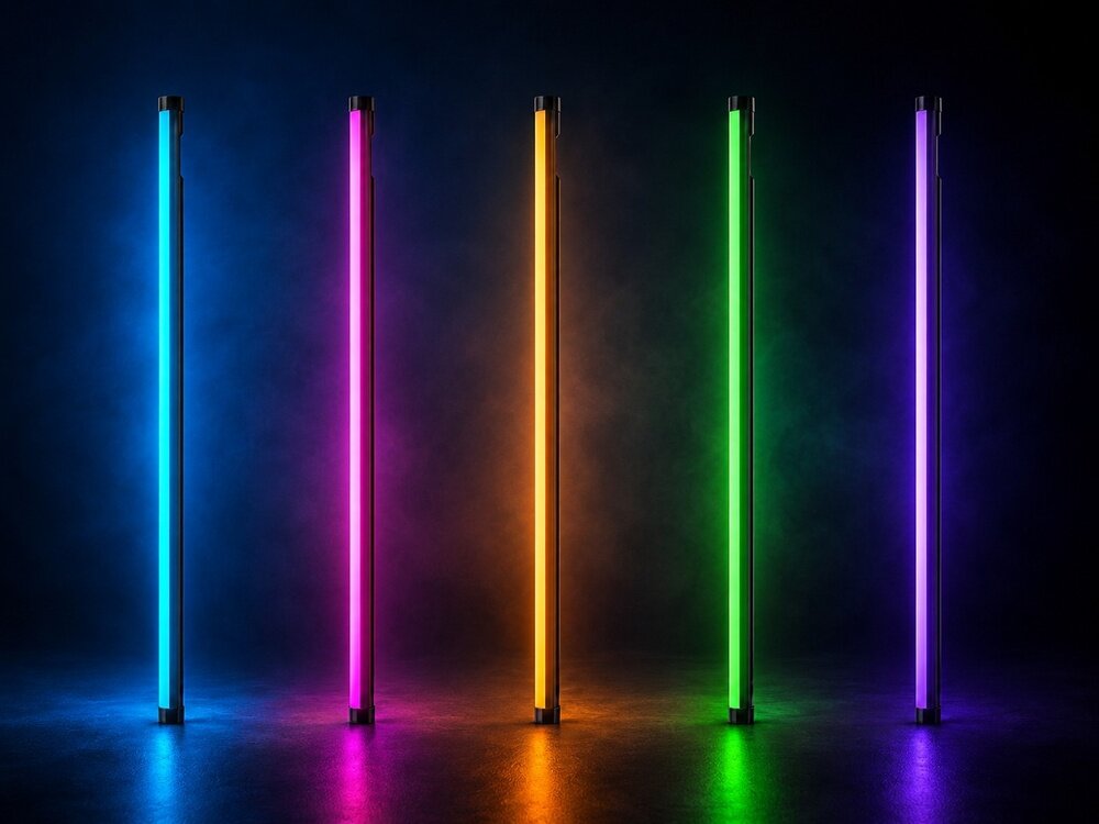Pięć pionowych lamp LED w różnych kolorach: niebieskim, różowym, pomarańczowym, zielonym i fioletowym, ustawionych na ciemnym tle.