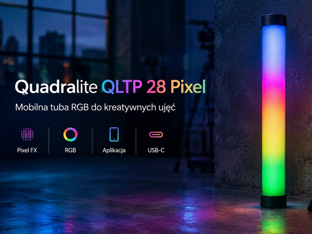 Obraz przedstawia kolorową tubę LED stojącą na podłodze, emitującą różnobarwne światło. Obok znajduje się tekst: \'Quadralite QLTP 28 Pixel Mobilna tuba RGB do kreatywnych ujęć\' oraz ikony z podpisami: \'Pixel FX\', \'RGB\', \'Aplikacja\', \'USB-C\'.