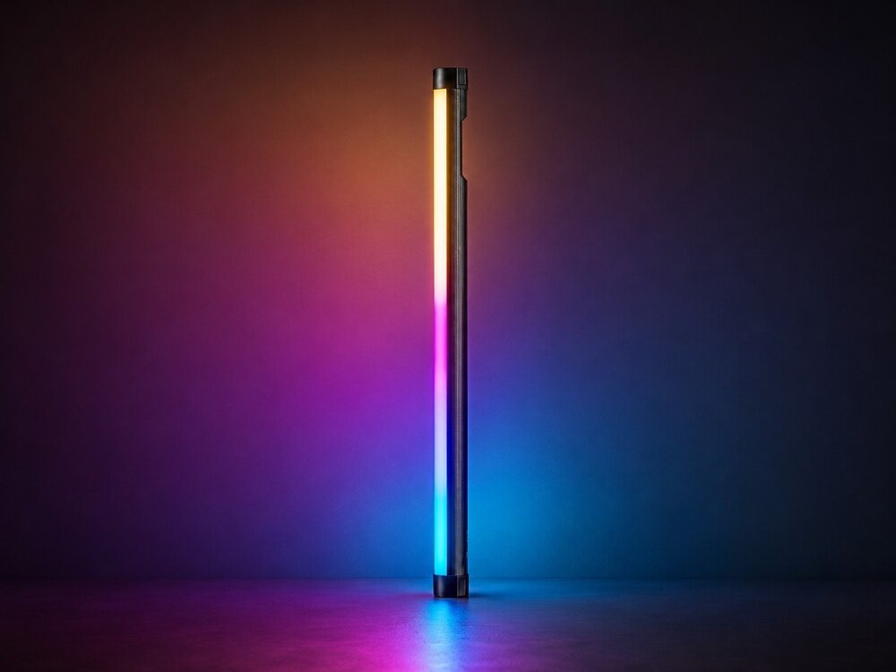 Na obrazie widoczna jest pionowa lampa LED emitująca wielokolorowe światło, które przechodzi od żółtego przez różowy do niebieskiego. Tło jest ciemne, co podkreśla intensywność kolorów lampy.