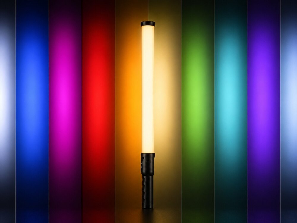 Lampa LED w kształcie tuby, emitująca jasne światło, umieszczona na tle gradientu kolorów od białego do fioletowego. Rączka lampy jest czarna i ma teksturowaną powierzchnię.
