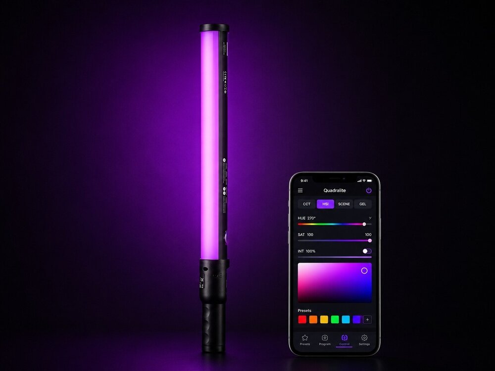 Na obrazie widoczna jest lampa LED emitująca fioletowe światło oraz smartfon z aplikacją do sterowania lampą. Na ekranie telefonu widać interfejs z opcjami ustawień kolorów i intensywności światła.