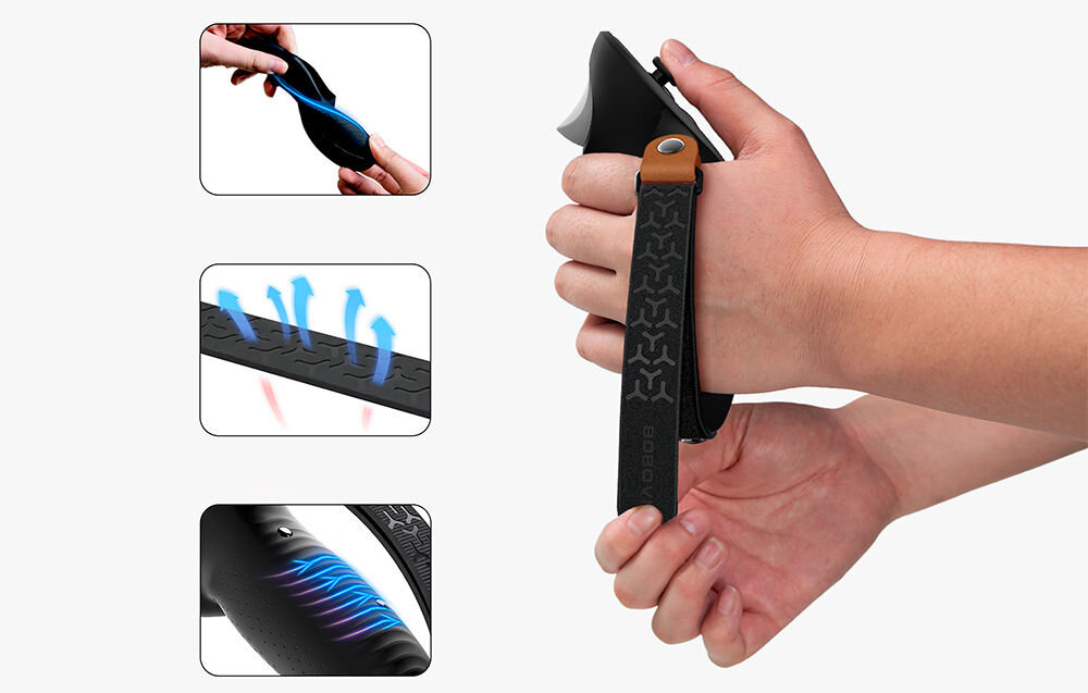 Osłona uchwytów kontrolera BOBOVR G3 Plus + Uchwyty
			prezentacja praktyczności osłon wentylacji oraz elastyczności obok osłona z paskiem trzymana w dłoni na jasnym tle oddychający materiał kanały wentylacyjne antypoślizgowe wykończenie stabilność chwytu