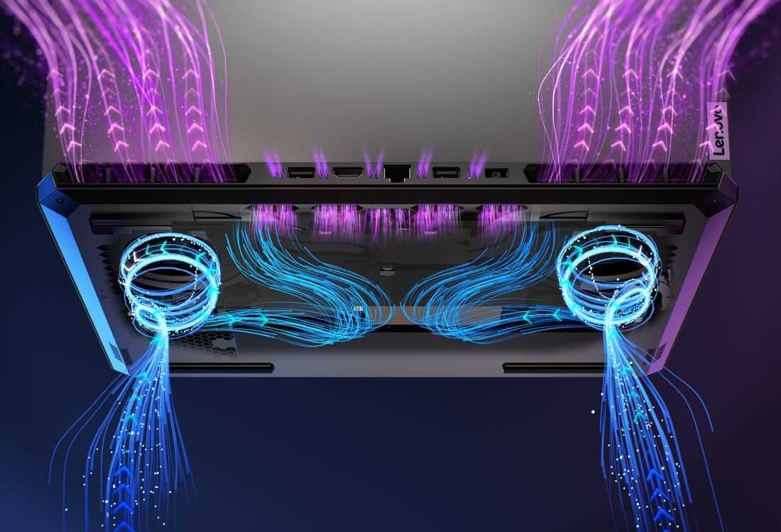 Laptop LENOVO LOQ 15IAX9 z dwoma wentylatorami, emitujący fioletowe światło. - system chłodzenia HyperChamber Cooling