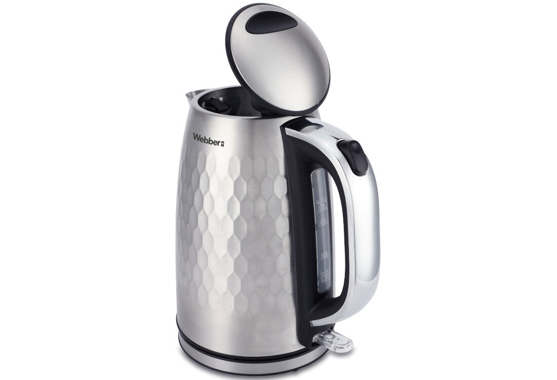 Czajnik WEBBER WK-330 Komfort obsługi Ergonomiczny uchwyt uchylna pokrywka napełnianie i czyszczenie Podświetlenie LED Całość w czarno-srebrnej kolorystyce