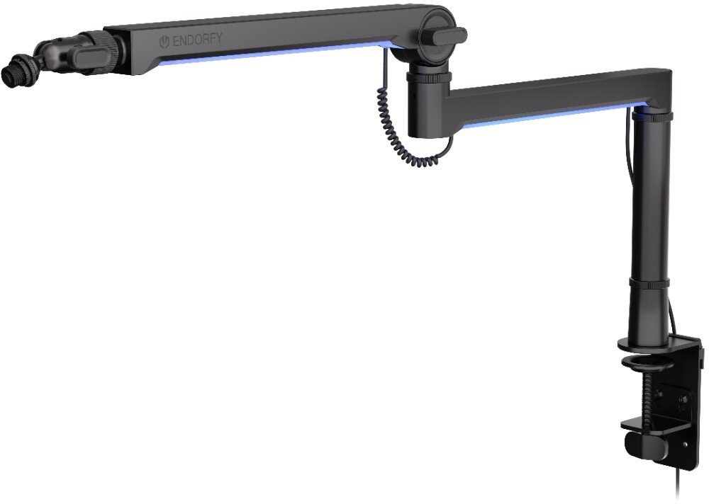 Ramię mikrofonowe ENDORFY Broadcast Low Profile RGB Boom Arm Ramię mikrofonowe ENDORFY Broadcast Low Profile Boom Arm Ramię mikrofonowe w kolorze czarnym na białym tle. Konstrukcja składa się z dwóch segmentów połączonych ruchomymi przegubami, opis