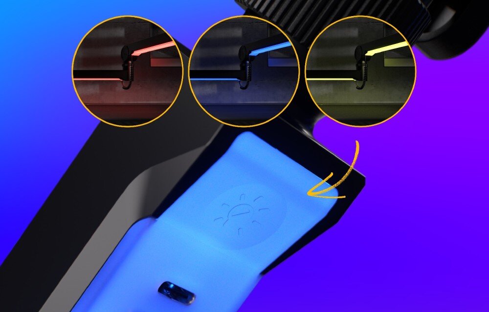 Ramię mikrofonowe ENDORFY Broadcast Low Profile RGB Boom Arm Dotykowy przycisk sterujący podświetleniem LED na końcówce ramienia. Trzy małe wstawki pokazują różne warianty kolorystyczne: czerwony, niebieski i żółty, podświetlenie, efekty