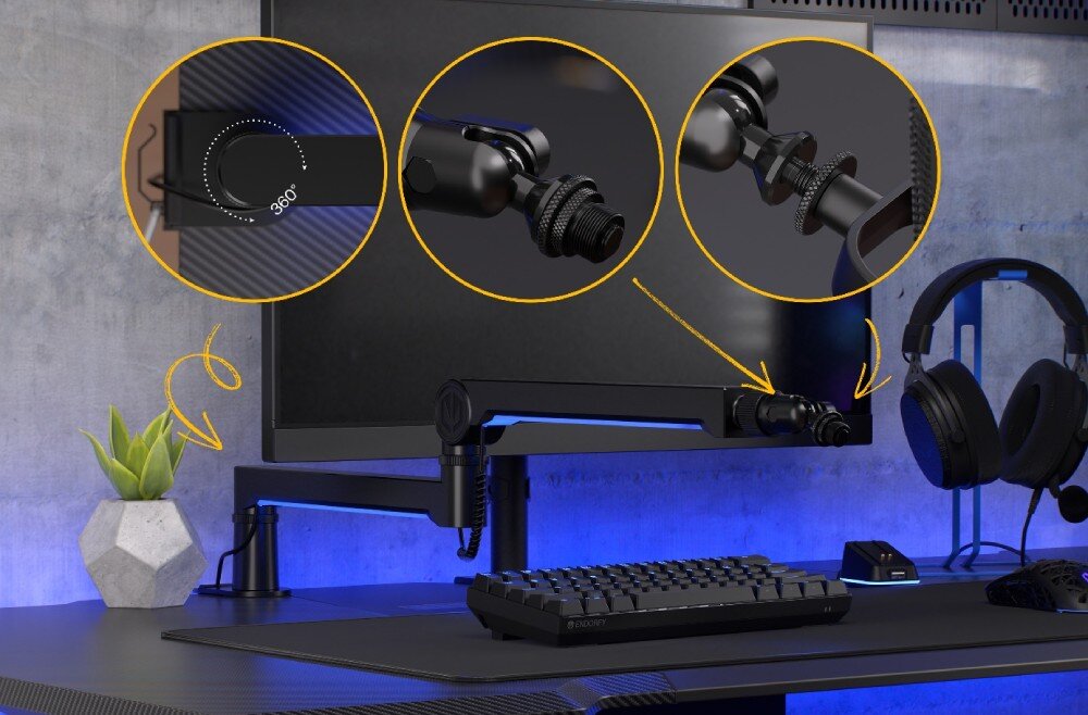 Ramię mikrofonowe ENDORFY Broadcast Low Profile RGB Boom Arm Ramię mikrofonowe ENDORFY Broadcast Low Profile Boom Arm Widok na całe stanowisko komputerowe. Na grafice zaznaczone elementy konstrukcji ramienia: obrót o 360 stopni oraz ruchome przeguby, regulacja położenia, głowica
