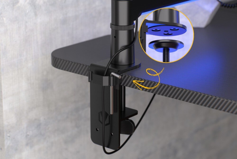 Ramię mikrofonowe ENDORFY Broadcast Low Profile RGB Boom Arm Ramię mikrofonowe ENDORFY Broadcast Low Profile Boom Arm Elementy zestawu rozłożone na biurku: ramię, uchwyt mocujący oraz dwie przedłużki, kompatybilność, grubość blatu, przedłużki