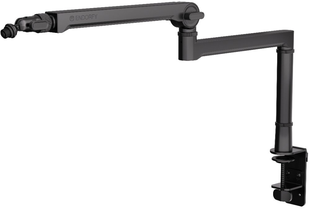 Ramię mikrofonowe ENDORFY Broadcast Low Profile Boom Arm Ramię mikrofonowe w kolorze czarnym na białym tle. Konstrukcja składa się z dwóch segmentów połączonych ruchomymi przegubami, opis