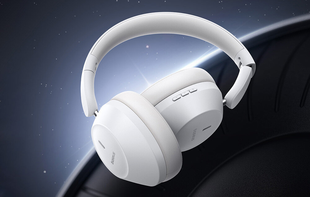 Słuchawki nauszne BASEUS Bass 30 Max połączenie Bluetooth i kabel AUX wszechstronne zastosowanie, składana konstrukcja słuchawek na ciemnym tle