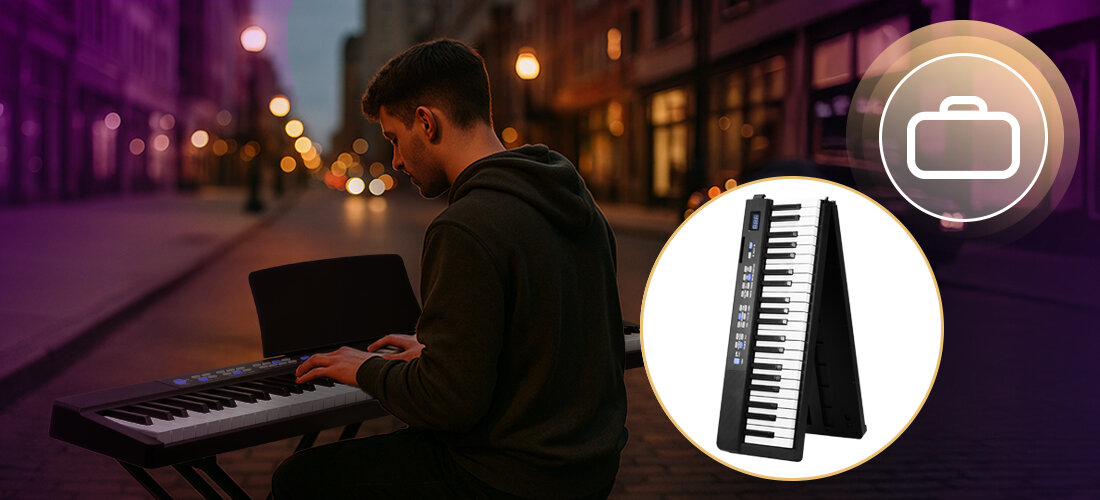 Pianino cyfrowe MUSICMATE MM-P8 FoldMaster - Mobilne pianino koncertowe, 88 klawiszy o szerokim zakresie brzmienia od A2 do C5, polifonia 64-głosową, 128 brzmienia, 128 rytmów, 80 utworom DEMO, wymiary i waga, osoba grająca na pianinie w centrum miasta