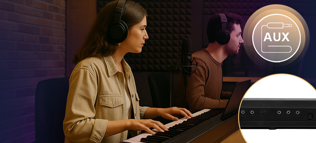 Pianino cyfrowe MUSICMATE MM-P8 FoldMaster - Bogactwo funkcji muzycznych, podział klawiatury (split), podwójna klawiatura (dual), akordy kompozytowe, 64 różnorodne akordy, wbudowane brzmienia perkusyjne, Funkcja nagrywania, odtwarzania, synchronizacji, osoba grająca w studio na pianinie