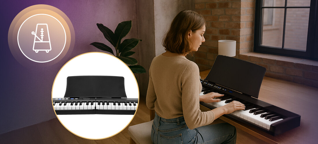 Pianino cyfrowe MUSICMATE MM-P8 FoldMaster - Pełnia brzmienia, złącza AUX, słuchawkowe i mikrofonowe, 2-kanałowe wyjścia DAC 16-bit, wzmacniacz, głośniki 2 × 3 W, osoba grająca na pianinie w domu