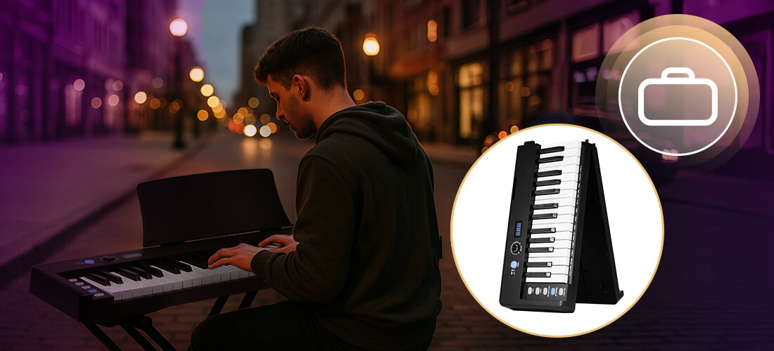 ,Pianino cyfrowe MUSICMATE MM-P7 FoldKeys - Mobilność i bogactwo dźwięku, 61 dynamicznych klawiszy, zakres dźwięków C2-C7, polifonia 32-głosowa, 128 barw, 128 rytmów oraz 80 utworów demo, wymiary, waga, osoba garjąca na ulicy na urządzeniu