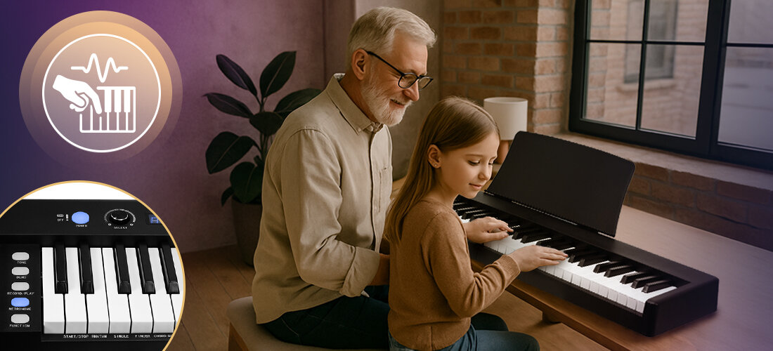 Pianino cyfrowe MUSICMATE MM-P7 FoldKeys - Ekspresyjna klawiatura, Regulowana czułość, pedał sustain i vibrato, nauczyciel uczący grać ucznia na pianinie