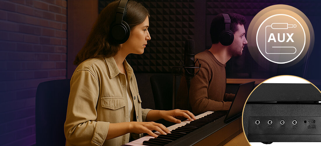 Pianino cyfrowe MUSICMATE MM-P7 FoldKeys - Wszechstronna łączność, zasilacz, gniazdo słuchawkowe, wejście mikrofonowe, AUX oraz pedał sustain, osoba siedząca w studio w słuchawkach przy pianinie