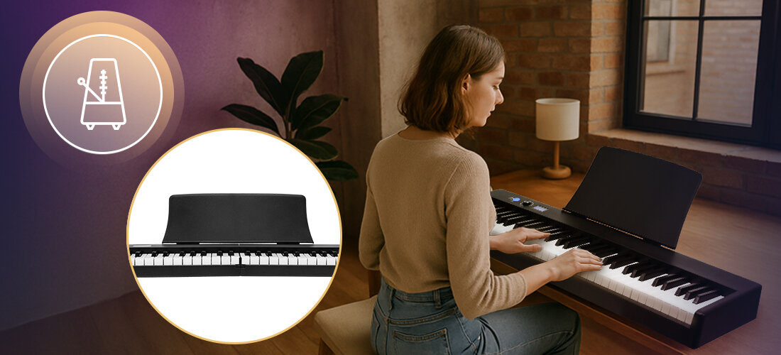 Pianino cyfrowe MUSICMATE MM-P7 FoldKeys - Pełna kontrola brzmienia, podwójne brzmienia (split), podwójna klawiatura (dual), akordy jedno- i wielopalcowe oraz wbudowana perkusja na klawiaturze, Metronom, regulacja tempa, opcje nagrywania i odtwarzania, Tryb śledzenia melodii, osoba grającsa na pianinie przy stole