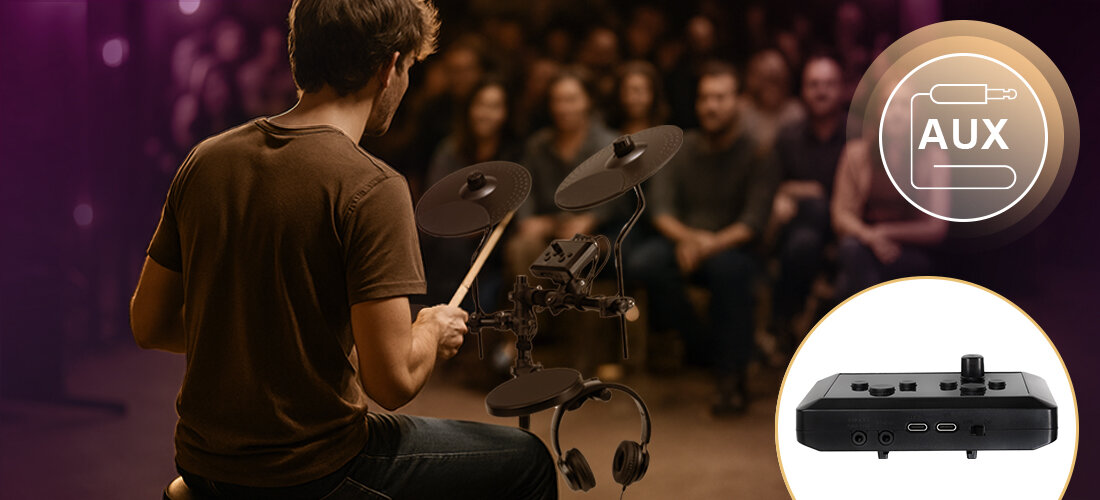Perkusja elektroniczna MUSICMATE MM-DRM90 PercussionXpress - Perkusja pełna możliwości, siedem gotowych zestawów perkusyjnych presets, 56 zróżnicowanych barw dźwiękowych, funkcja nagrywania, interfejs USB MIDI, osoba grająca na perkusji przed widownią