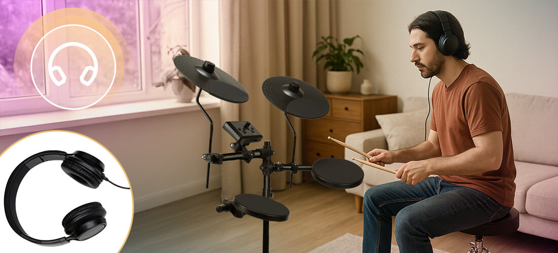 Perkusja elektroniczna MUSICMATE MM-DRM90 PercussionXpress - Realistyczne doznania gry, regulacja czułości każdego bębna, osoba grająca na perkusji w słuchawkach