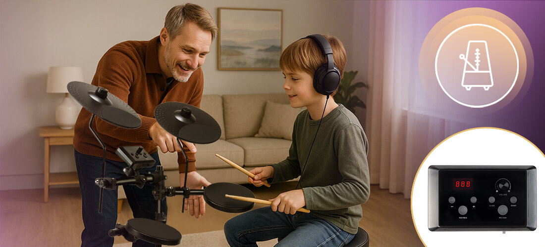 Perkusja elektroniczna MUSICMATE MM-DRM90 PercussionXpress - Bogactwo brzmień i rytmów, 10 utworów demonstracyjnych, 9 rodzajów metronomu, sterowanie tempem w zakresie od 30 do 250 uderzeń na minutę, Funkcja nagrywania i zapisywania ustawień, rodzic uczący dziecko gry na perkusji
