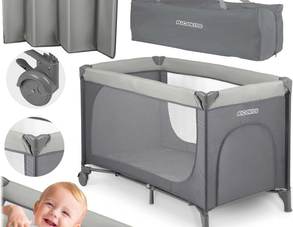 Łóżeczko turystyczne RICOKIDS RK-240 Jasnoszary zestaw akcesoria komplet wyposazenie
