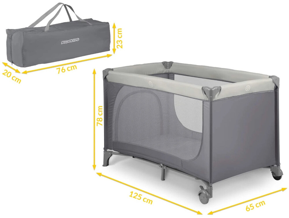 Łóżeczko turystyczne RICOKIDS RK-240 Jasnoszary Dopasowane parametry wymiary waga obciążenie przestrzeń wygoda komfort