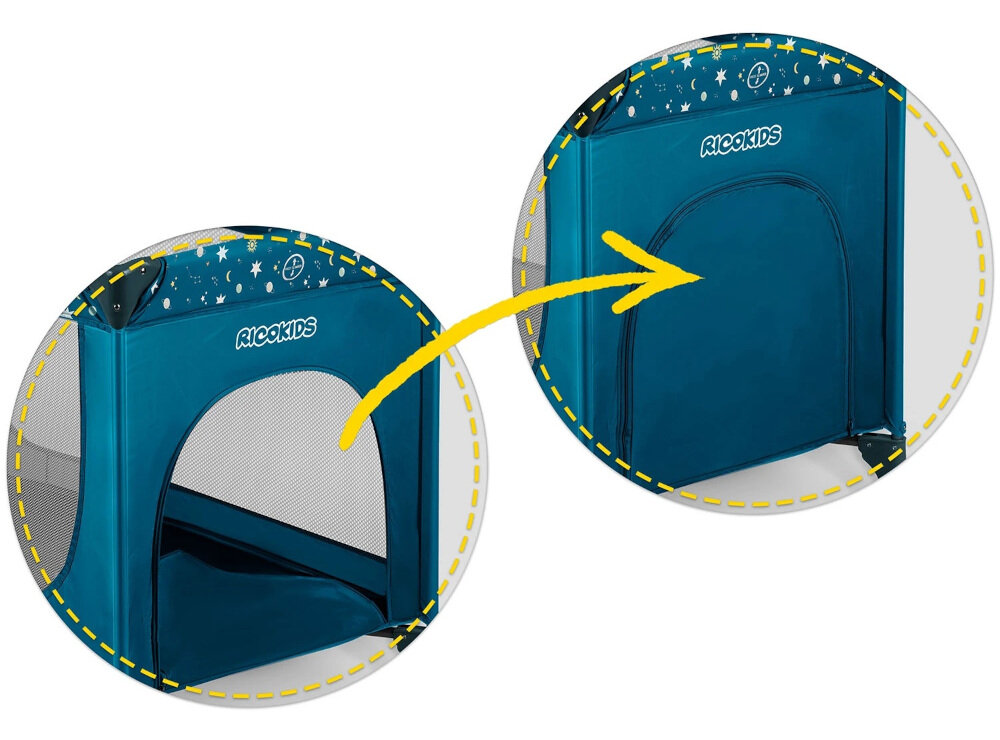 Łóżeczko turystyczne RICOKIDS RK-240 Granatowy Funkcjonalne rozwiązania odpinane wejście boczne samodzielnie wchodzić i wychodzić wsparcie rozwój samodzielność Zamek wszyty od zewnątrz pewność bezpieczeństwa