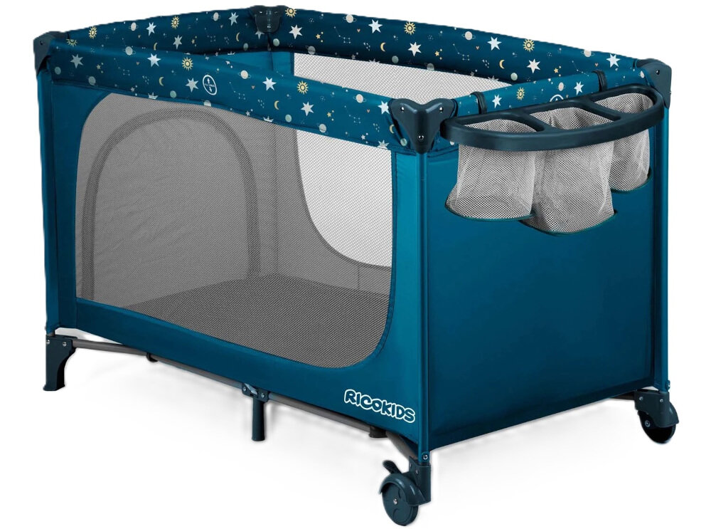 Łóżeczko turystyczne RICOKIDS RK-240 Granatowy Praktyczne detale Kieszonka na drobiazgi ułatwienie opieka Estetyczna grafika funkcjonalny i dekoracyjny element