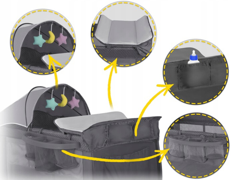 Łóżeczko turystyczne RICOKIDS RK-242 Antracytowy Praktyczne rozwiązania moskitiera komfort sen ułatwienie organizacja ochrona Praktyczna kieszonka przymocować zabawki rozwój sensoryczny łatwo doczepić przewijak, organizer i dodatkowe kieszonki