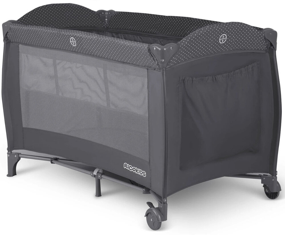 Łóżeczko turystyczne RICOKIDS RK-242 Antracytowy Praktyczne detale Kieszonka na drobiazgi ułatwienie opieka Estetyczna grafika funkcjonalny i dekoracyjny element